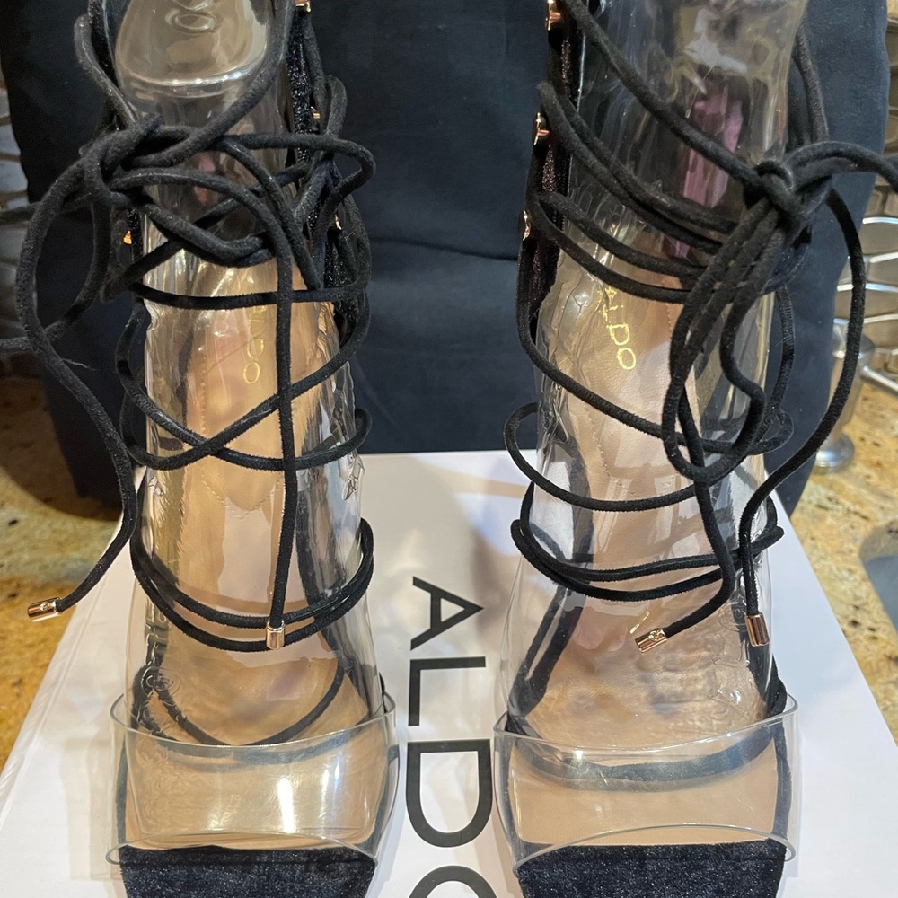 Aldo Black Heels with Transparent Base and Intricate Straps